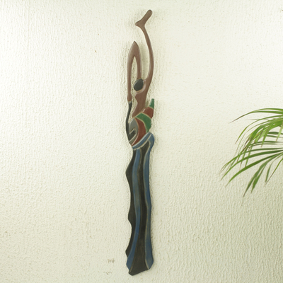 Escultura de pared de madera africana - Panel de escultura de arte de pared de baterista africano de comercio justo