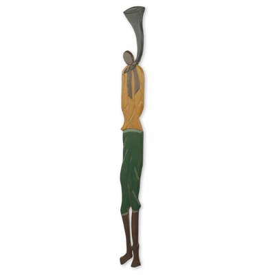 African wood wall sculpture, 'Palace Horn Blower' - Colorful Wood Wall Sculpture of African Horn Blower