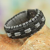 Men's wristband bracelet, 'Mankessim in Shadows' - Artisan Crafted Cord Wristband Bracelet in Black and Grey