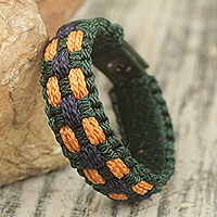 Men's wristband bracelet, 'Golden Dot' - Hand Woven Men's Cord Bracelet in Green, Navy and Gold