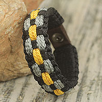Men's wristband bracelet, 'Black Beauty' - Hand Made Cord Bracelet for Men in Black, Gray and Yellow