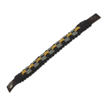 Men's wristband bracelet, 'Black Beauty' - Hand Made Cord Bracelet for Men in Black, Gray and Yellow
