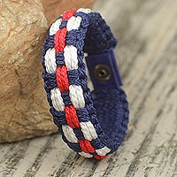 pulsera de pulsera de los hombres - Pulsera Hombre Cordón Rojo Blanco y Azul Hecha a Mano