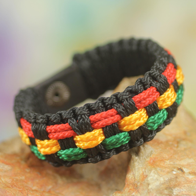 Men's wristband bracelet, 'Black Forest Paths' - Black Cord Handrafted Men's Colorful Wristband Bracelet