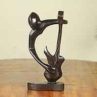 Teak sculpture, 'Bass Guitar Man' - Hand Carved Teak Modern African Music Theme Sculpture