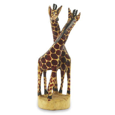 Teak wood sculpture, 'Giraffe Harmony' (small) - African Giraffe Hand Carved 8-Inch Teak Sculpture (Small)