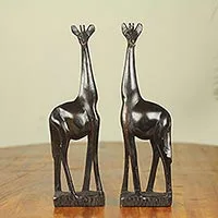 Teak sculptures, 'African Giraffes' (pair) - Two Hand Carved Teak Wood African Giraffe Sculptures