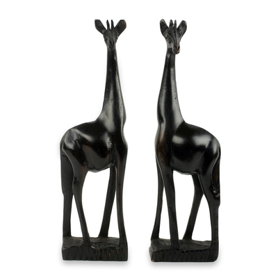 Teak sculptures, 'African Giraffes' (pair) - Two Hand Carved Teak Wood African Giraffe Sculptures