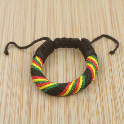 Men's wristband bracelet, 'Krobo Sunshine' - Hand Made Men's Cord Bracelet in Black and Multicolor