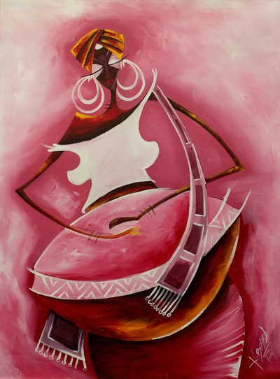 'Dipo Rhythm' - Signed Acrylic Painting of African Woman Playing Drum