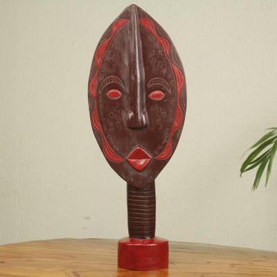Wood sculpture, 'Leaf Spirit' - African Wood Mask Sculpture Carved by Hand