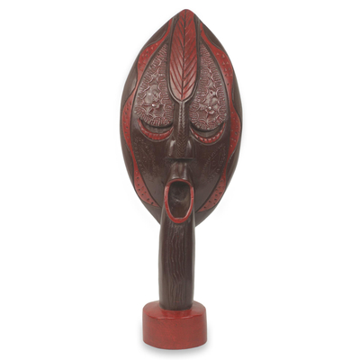 Wood sculpture, 'Leaf Spirit' - African Wood Mask Sculpture Carved by Hand