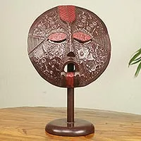 African wood mask, 'Fritete' - African Mask Wood and Aluminum with Tabletop Stand
