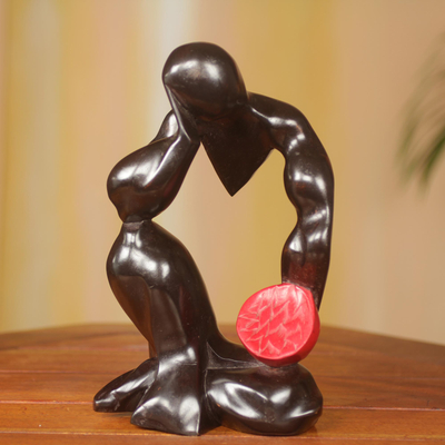 Wood sculpture, 'Thinking Man' - Hand Carved Abstract Male Figure Wood Sculpture