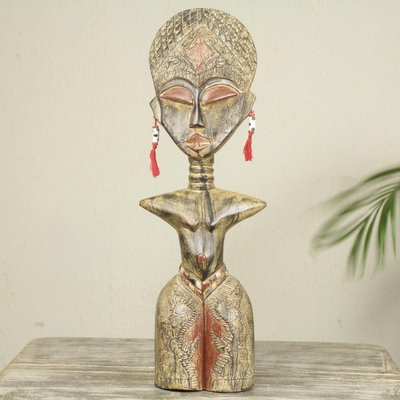 Wood sculpture, 'Detugbi' - Ewe Tribe Woman African Wood Sculpture with Aluminum