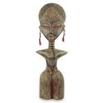 Wood sculpture, 'Detugbi' - Ewe Tribe Woman African Wood Sculpture with Aluminum