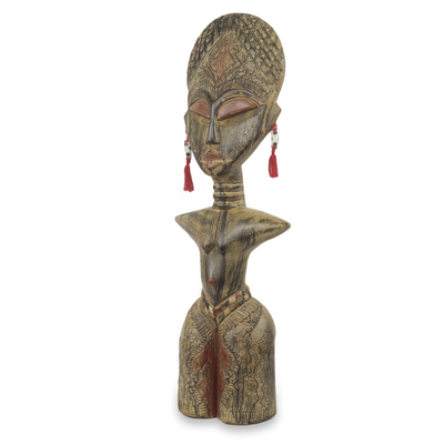 Wood sculpture, 'Detugbi' - Ewe Tribe Woman African Wood Sculpture with Aluminum