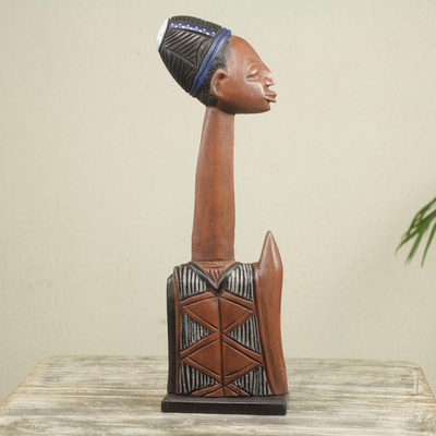 Holzskulptur, „Dekapui“ – ghanaische Stammesangehörige-Büstenskulptur, handgeschnitztes Holz