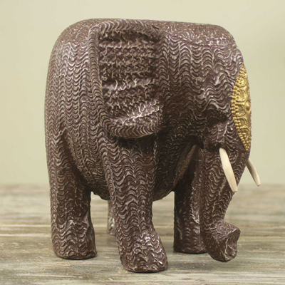 Escultura de madera de teca - Escultura de elefante artesanal de aluminio sobre madera de teca