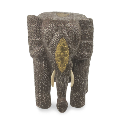 Teak wood sculpture, 'Mighty African Elephant' - Artisan Crafted Elephant Sculpture Aluminum on Teak Wood