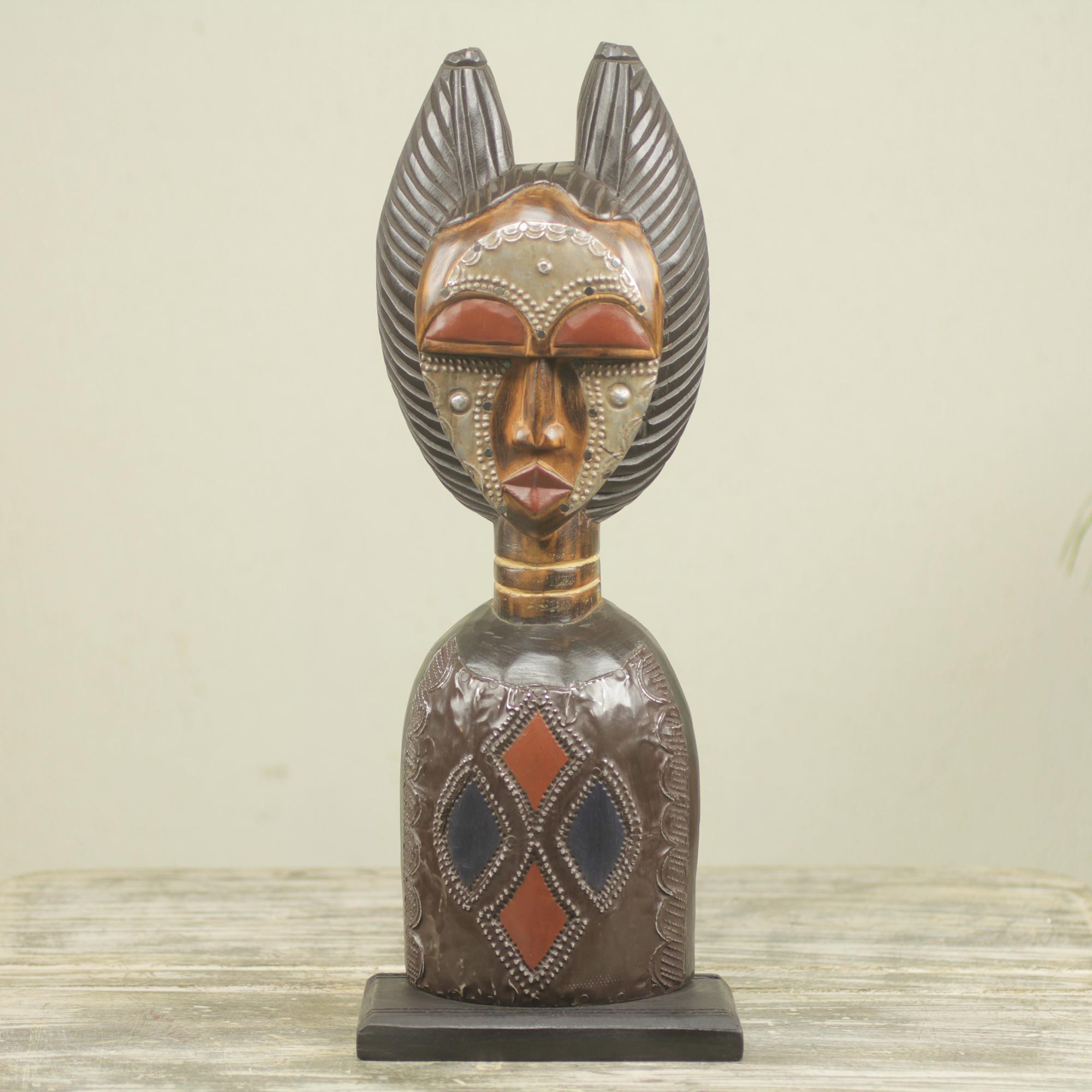 NOVICA Large Multicolor Sese Wood and Aluminum Sculpture Tall 'She Empowers The Hunter' 18 