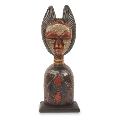 African Woman Hand Carved Wood Aluminum Sculpture