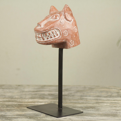 Máscara de madera africana - Escultura de máscara africana de gato salvaje con soporte