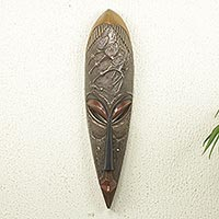 African wood mask, 'Yayra' - Hand Carved African Wood Mask with Flamingo Birds