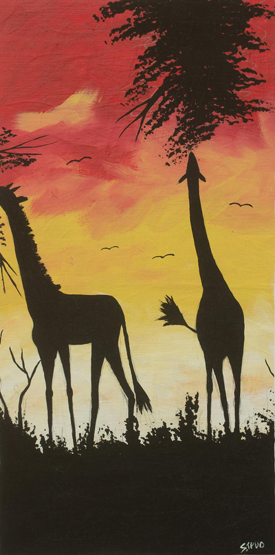 Ghanaian Signed Original Painting of Giraffes at Sunset - Sunset in the ...