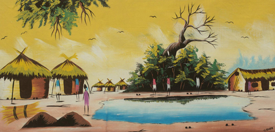'Village Scene' - Signed Original African Village Painting