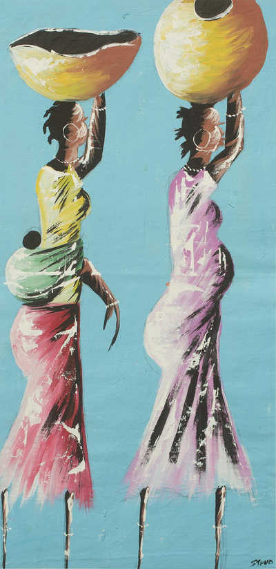 „Eine tägliche Angelegenheit“. - Original afrikanisches Gemälde von Frauen beim Wasserholen