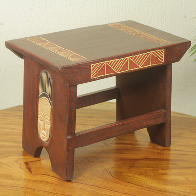 Wood stool, 'African Masks' - African Mask Theme Hand Crafted Sese Wood Stool