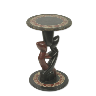 Wood accent table, 'Lovers Dance' - Handcrafted African Sese Wood Circular Accent Table