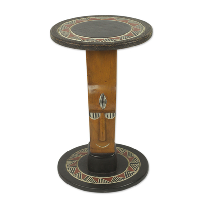 Wood accent table, 'African Prince' - Mask Theme Handmade Sese Wood Circular Accent Table