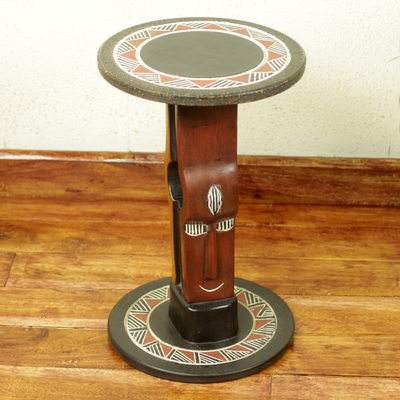 Wood accent table, 'African Prince' - Mask Theme Handmade Sese Wood Circular Accent Table