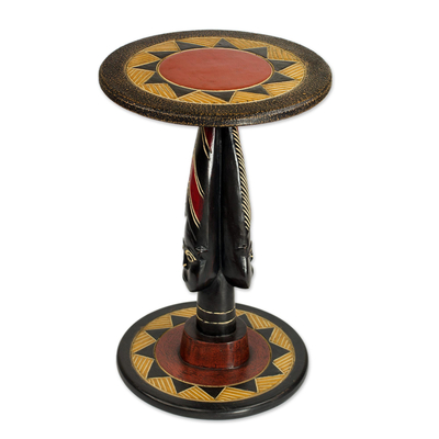Wood accent table, 'Zulu Mask' - Artisan Crafted Mask Theme Handmade Wood Table