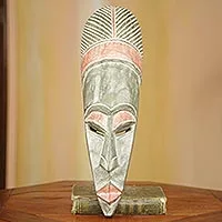 African wood mask, 'Akan Queen' - Original African Mask Hand Carved Wood in Olive Green