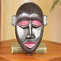 African wood mask, 'Sakora' - African Mask Bald Man Hand Carved Wood Artwork