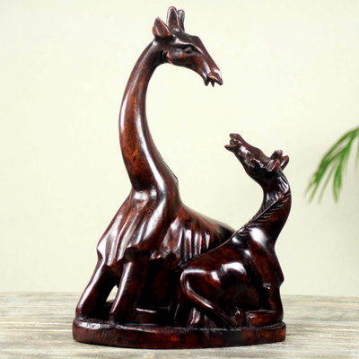 Wood sculpture, 'Mother Giraffe' - Hand Carved African Sese Wood Giraffe Sculpture