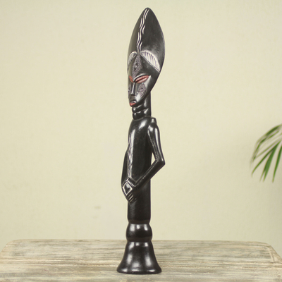 Wood fertility doll, 'Akuaba' - Hand Carved African Fertility Doll with Embossed Aluminum