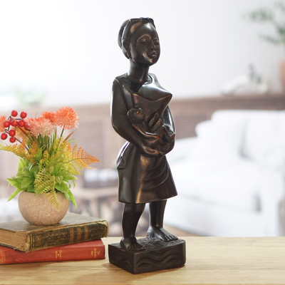 Escultura de madera, 'Madre e hijo Akan' - Escultura de madera tallada a mano de una madre y un niño africanos modernos