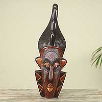 African wood mask, 'Odo Ahoufe' - Artisan Crafted African Wood Mask with Embossed Aluminum