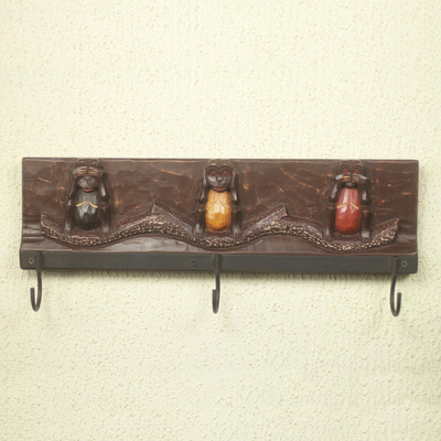 Garderobenständer aus Holz - Garderobe mit Affenmotiv, handgefertigt aus Holz und Aluminium