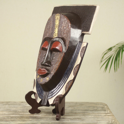 African wood mask and stand, 'Royal Posture' - Authentic African Mask and Stand from Ghana