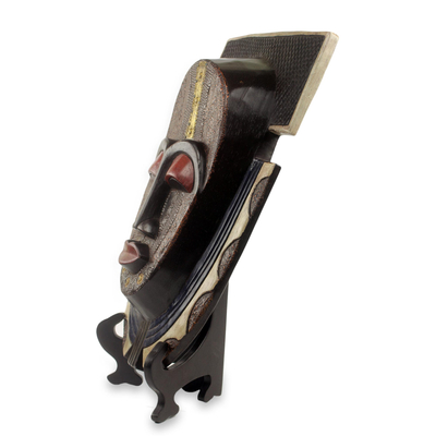 African wood mask and stand, 'Royal Posture' - Authentic African Mask and Stand from Ghana