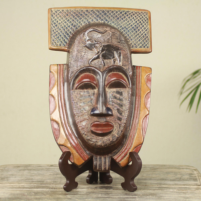 African wood mask and stand, 'Royal Elephant' - Elephant Theme Hand Made African Mask and Stand from Ghana