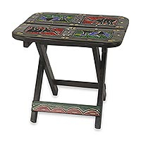 Mesa plegable con cuentas de madera, 'Fauna Africana' - Elefantes y patos con cuentas en mesa plegable tallada a mano