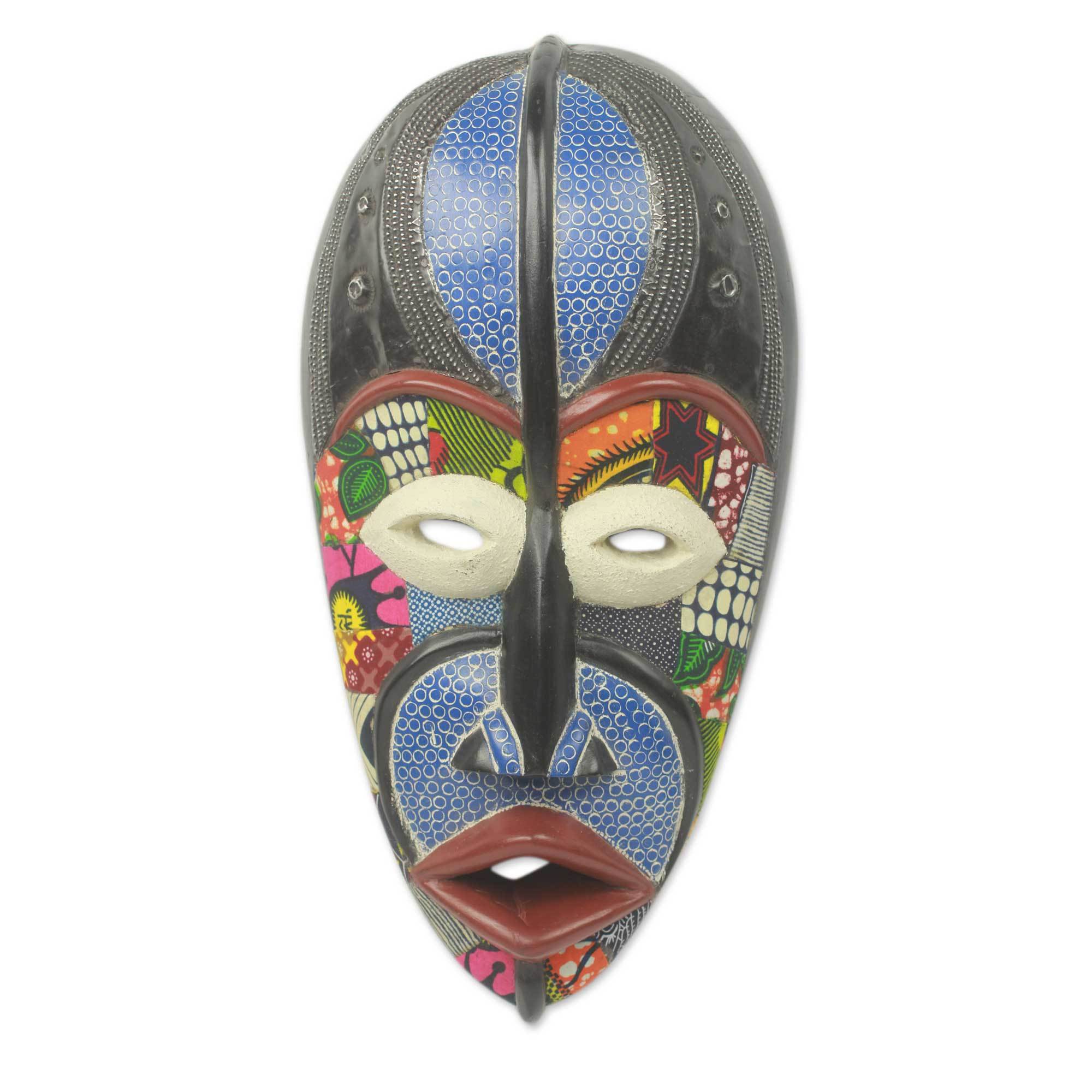 Original African Wood Mask With Cotton Prints Atsala