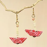 Recycled paper and terracotta dangle earrings, 'Red Boats' - Recycled Paper Red Sailboat Earrings Crafted by Hand