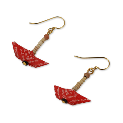 Recycled paper and terracotta dangle earrings, 'Red Boats' - Recycled Paper Red Sailboat Earrings Crafted by Hand